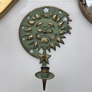 Vintage Celestial Sun Brass Wall Candle Sconce